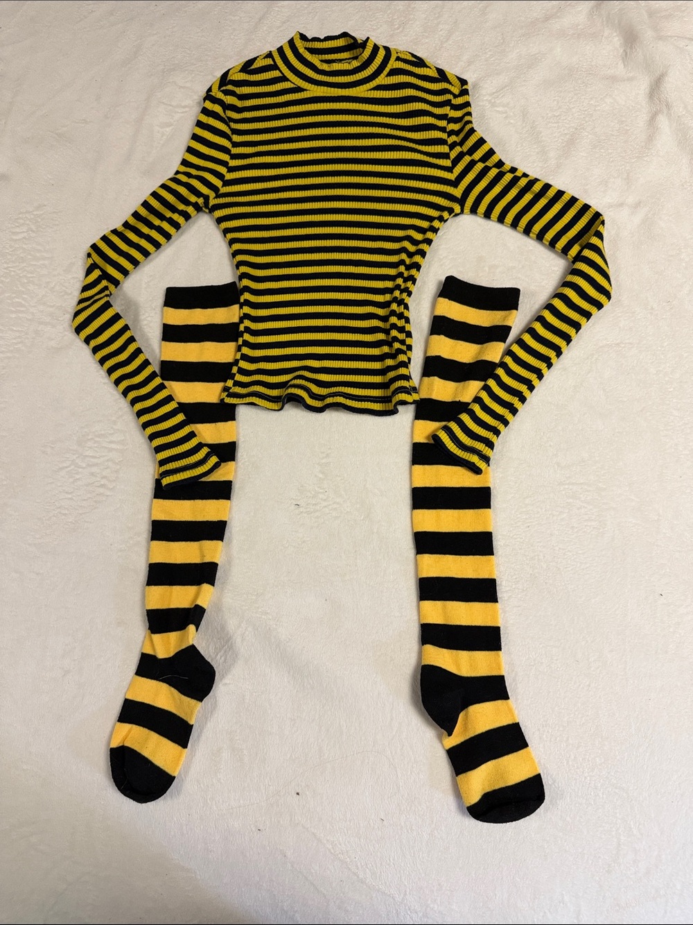 SHEIN Black and Yellow Striped Ribbed Mock Neck Top with Matching Striped Socks